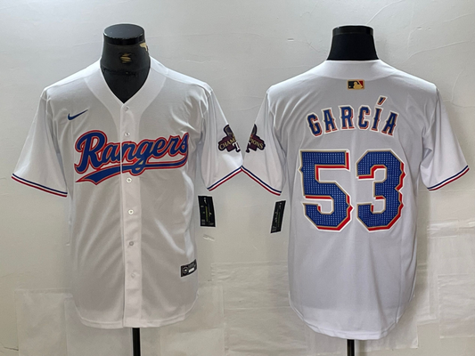 Men's Texas Rangers Adolis Garcia White 2024 Gold Collection Player Jersey