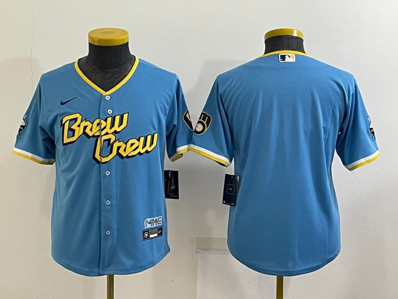 Youth Milwaukee Brewers PLAYER_NAME_#00 Custom Powder Blue 2022 City Connect Replica Player Jersey